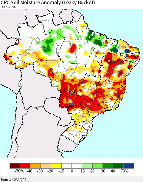 Brazil CPC Soil Moisture Anomaly (Leaky Bucket) Thematic Map For 10/1/2021 - 10/5/2021