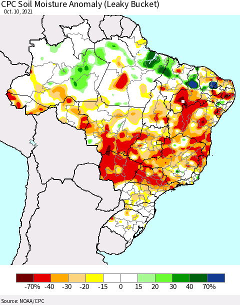 Brazil CPC Soil Moisture Anomaly (Leaky Bucket) Thematic Map For 10/6/2021 - 10/10/2021