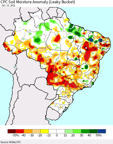 Brazil CPC Soil Moisture Anomaly (Leaky Bucket) Thematic Map For 10/11/2021 - 10/15/2021