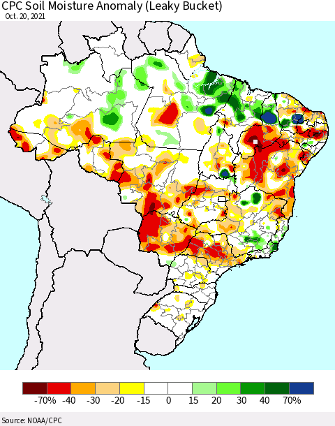 Brazil CPC Soil Moisture Anomaly (Leaky Bucket) Thematic Map For 10/16/2021 - 10/20/2021
