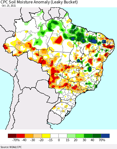 Brazil CPC Soil Moisture Anomaly (Leaky Bucket) Thematic Map For 10/21/2021 - 10/25/2021