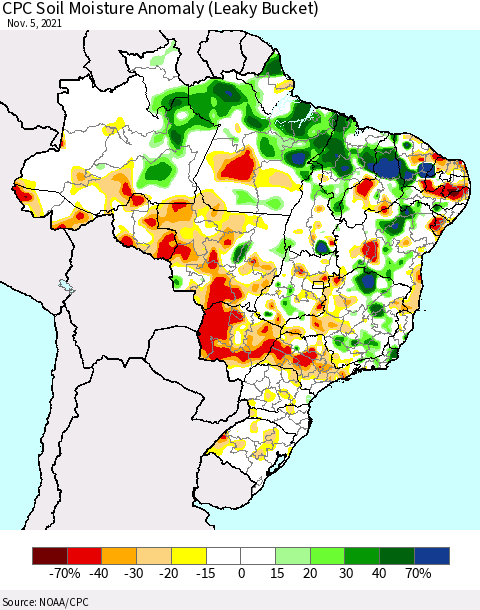 Brazil CPC Soil Moisture Anomaly (Leaky Bucket) Thematic Map For 11/1/2021 - 11/5/2021