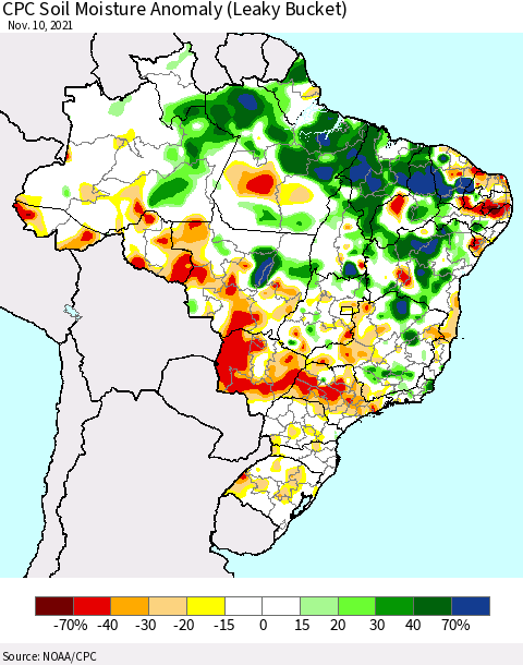 Brazil CPC Soil Moisture Anomaly (Leaky Bucket) Thematic Map For 11/6/2021 - 11/10/2021