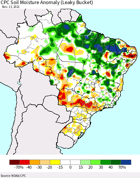 Brazil CPC Soil Moisture Anomaly (Leaky Bucket) Thematic Map For 11/11/2021 - 11/15/2021