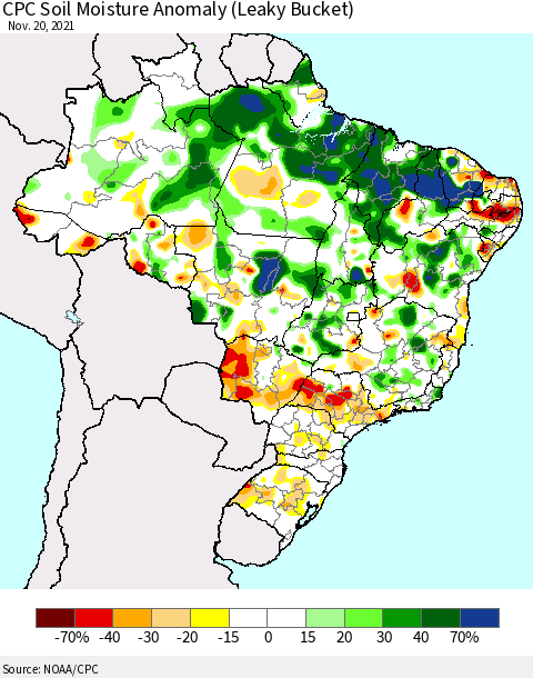 Brazil CPC Soil Moisture Anomaly (Leaky Bucket) Thematic Map For 11/16/2021 - 11/20/2021