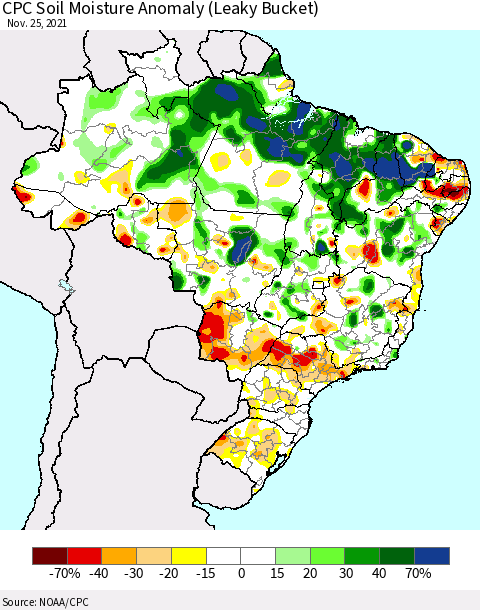 Brazil CPC Soil Moisture Anomaly (Leaky Bucket) Thematic Map For 11/21/2021 - 11/25/2021