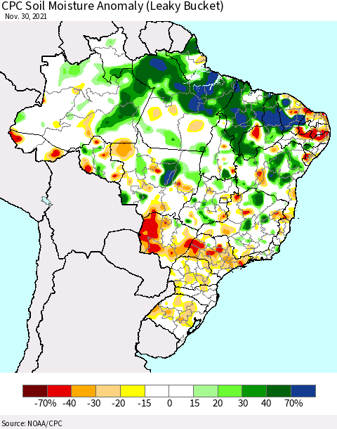 Brazil CPC Soil Moisture Anomaly (Leaky Bucket) Thematic Map For 11/26/2021 - 11/30/2021