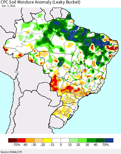 Brazil CPC Soil Moisture Anomaly (Leaky Bucket) Thematic Map For 12/1/2021 - 12/5/2021