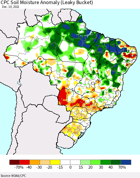 Brazil CPC Soil Moisture Anomaly (Leaky Bucket) Thematic Map For 12/6/2021 - 12/10/2021