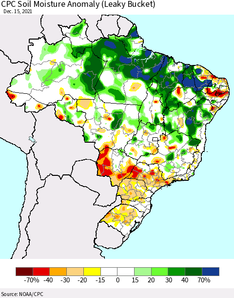 Brazil CPC Soil Moisture Anomaly (Leaky Bucket) Thematic Map For 12/11/2021 - 12/15/2021