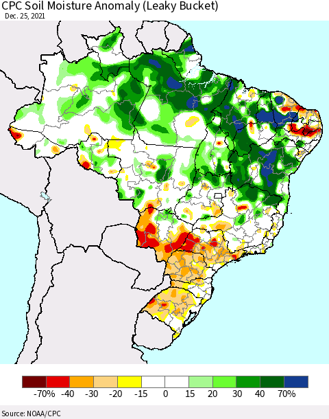 Brazil CPC Soil Moisture Anomaly (Leaky Bucket) Thematic Map For 12/21/2021 - 12/25/2021