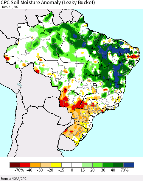 Brazil CPC Soil Moisture Anomaly (Leaky Bucket) Thematic Map For 12/26/2021 - 12/31/2021