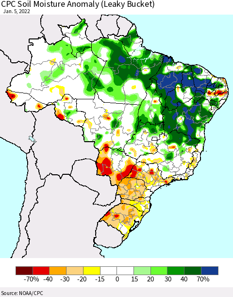 Brazil CPC Soil Moisture Anomaly (Leaky Bucket) Thematic Map For 1/1/2022 - 1/5/2022