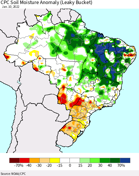 Brazil CPC Soil Moisture Anomaly (Leaky Bucket) Thematic Map For 1/6/2022 - 1/10/2022
