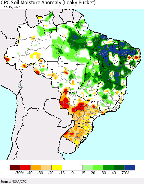 Brazil CPC Soil Moisture Anomaly (Leaky Bucket) Thematic Map For 1/11/2022 - 1/15/2022