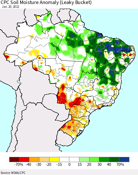 Brazil CPC Soil Moisture Anomaly (Leaky Bucket) Thematic Map For 1/16/2022 - 1/20/2022