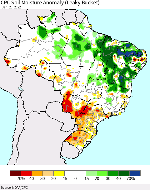 Brazil CPC Soil Moisture Anomaly (Leaky Bucket) Thematic Map For 1/21/2022 - 1/25/2022