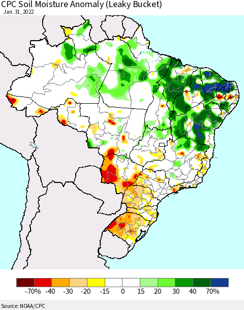 Brazil CPC Soil Moisture Anomaly (Leaky Bucket) Thematic Map For 1/26/2022 - 1/31/2022