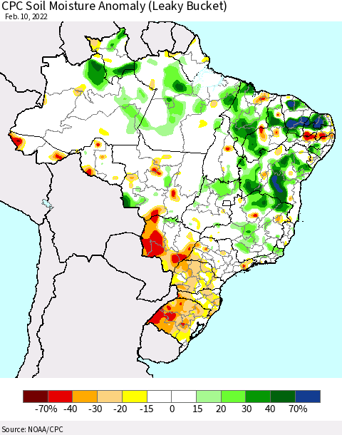 Brazil CPC Soil Moisture Anomaly (Leaky Bucket) Thematic Map For 2/6/2022 - 2/10/2022