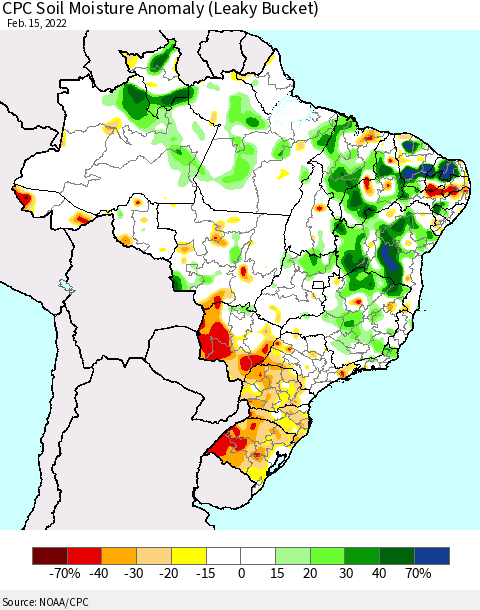 Brazil CPC Soil Moisture Anomaly (Leaky Bucket) Thematic Map For 2/11/2022 - 2/15/2022