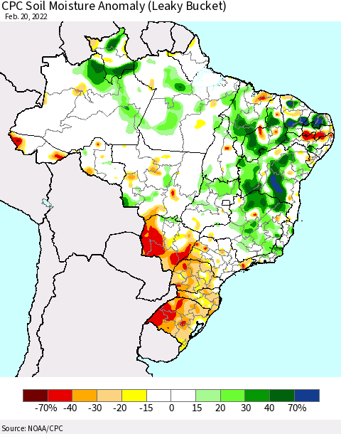Brazil CPC Soil Moisture Anomaly (Leaky Bucket) Thematic Map For 2/16/2022 - 2/20/2022