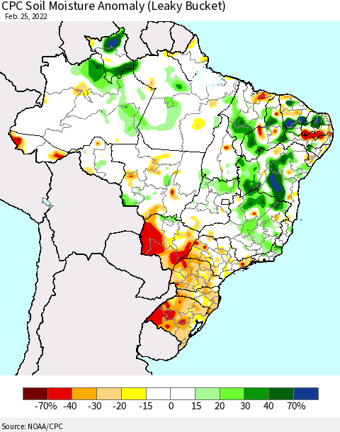 Brazil CPC Soil Moisture Anomaly (Leaky Bucket) Thematic Map For 2/21/2022 - 2/25/2022
