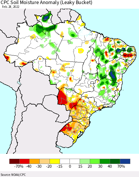 Brazil CPC Soil Moisture Anomaly (Leaky Bucket) Thematic Map For 2/26/2022 - 2/28/2022