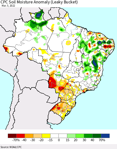 Brazil CPC Soil Moisture Anomaly (Leaky Bucket) Thematic Map For 3/1/2022 - 3/5/2022
