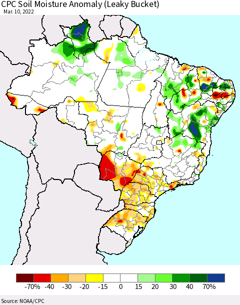 Brazil CPC Soil Moisture Anomaly (Leaky Bucket) Thematic Map For 3/6/2022 - 3/10/2022