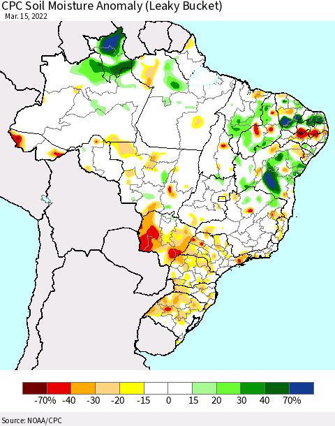 Brazil CPC Soil Moisture Anomaly (Leaky Bucket) Thematic Map For 3/11/2022 - 3/15/2022