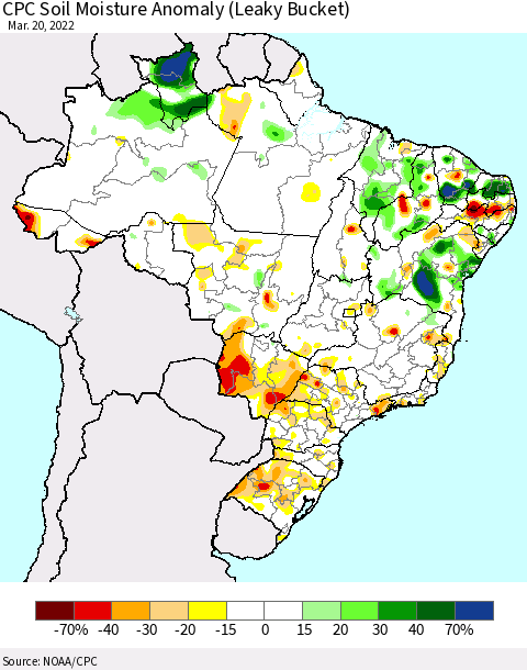 Brazil CPC Soil Moisture Anomaly (Leaky Bucket) Thematic Map For 3/16/2022 - 3/20/2022