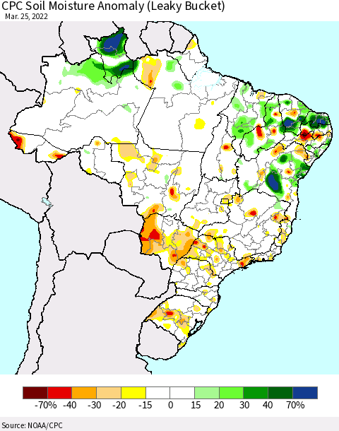 Brazil CPC Soil Moisture Anomaly (Leaky Bucket) Thematic Map For 3/21/2022 - 3/25/2022