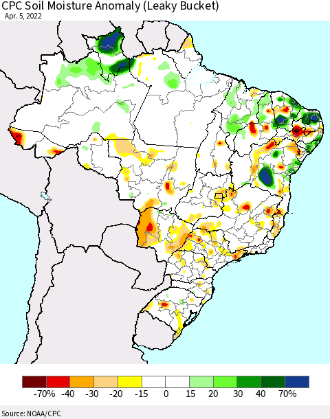 Brazil CPC Soil Moisture Anomaly (Leaky Bucket) Thematic Map For 4/1/2022 - 4/5/2022