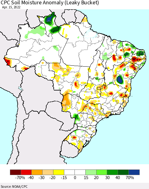 Brazil CPC Soil Moisture Anomaly (Leaky Bucket) Thematic Map For 4/11/2022 - 4/15/2022