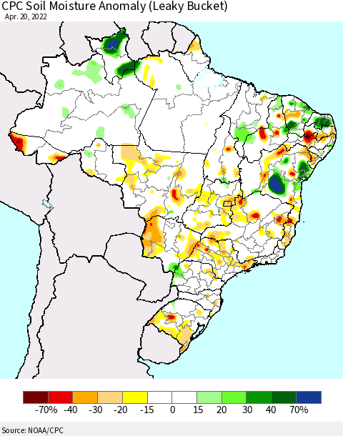 Brazil CPC Soil Moisture Anomaly (Leaky Bucket) Thematic Map For 4/16/2022 - 4/20/2022
