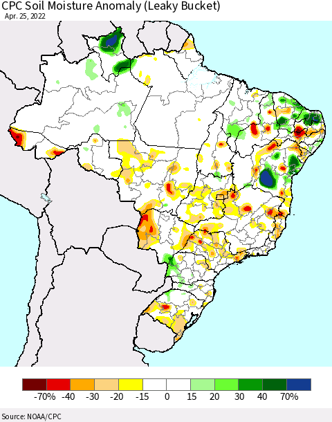 Brazil CPC Soil Moisture Anomaly (Leaky Bucket) Thematic Map For 4/21/2022 - 4/25/2022