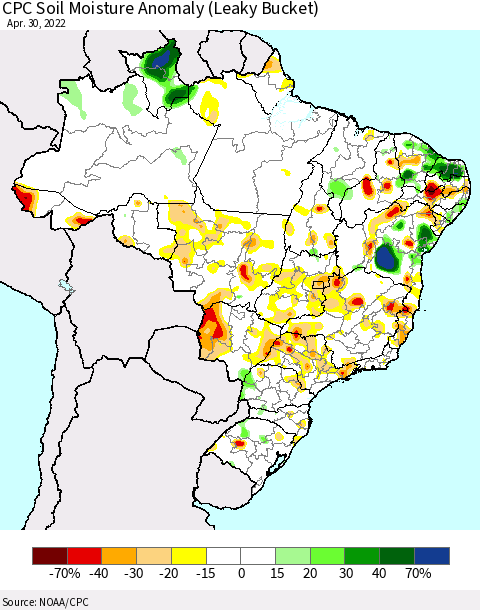 Brazil CPC Soil Moisture Anomaly (Leaky Bucket) Thematic Map For 4/26/2022 - 4/30/2022
