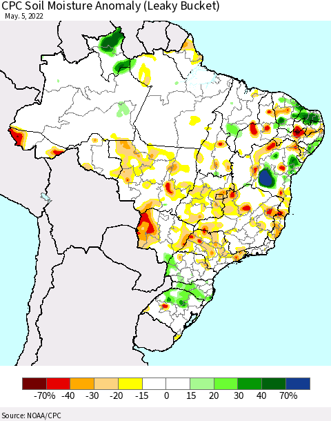 Brazil CPC Soil Moisture Anomaly (Leaky Bucket) Thematic Map For 5/1/2022 - 5/5/2022