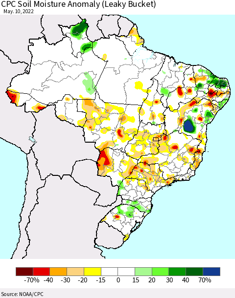 Brazil CPC Soil Moisture Anomaly (Leaky Bucket) Thematic Map For 5/6/2022 - 5/10/2022