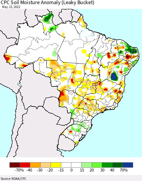 Brazil CPC Soil Moisture Anomaly (Leaky Bucket) Thematic Map For 5/11/2022 - 5/15/2022