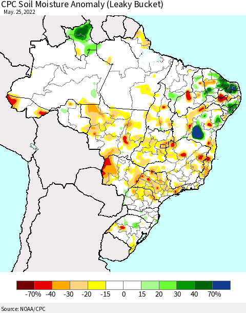 Brazil CPC Soil Moisture Anomaly (Leaky Bucket) Thematic Map For 5/21/2022 - 5/25/2022