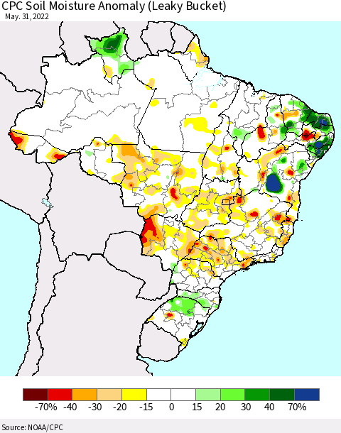 Brazil CPC Soil Moisture Anomaly (Leaky Bucket) Thematic Map For 5/26/2022 - 5/31/2022