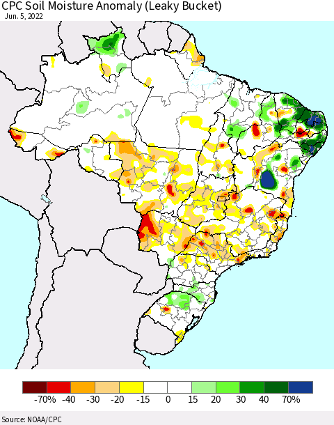 Brazil CPC Soil Moisture Anomaly (Leaky Bucket) Thematic Map For 6/1/2022 - 6/5/2022