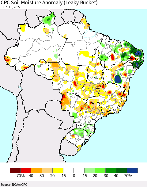 Brazil CPC Soil Moisture Anomaly (Leaky Bucket) Thematic Map For 6/6/2022 - 6/10/2022