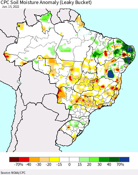 Brazil CPC Soil Moisture Anomaly (Leaky Bucket) Thematic Map For 6/11/2022 - 6/15/2022