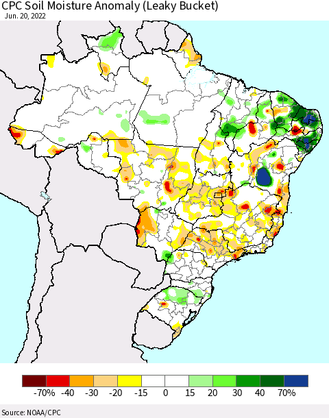 Brazil CPC Soil Moisture Anomaly (Leaky Bucket) Thematic Map For 6/16/2022 - 6/20/2022