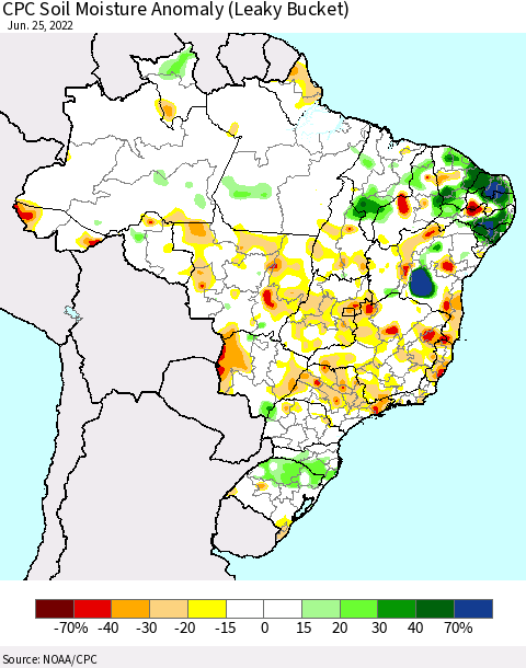 Brazil CPC Soil Moisture Anomaly (Leaky Bucket) Thematic Map For 6/21/2022 - 6/25/2022