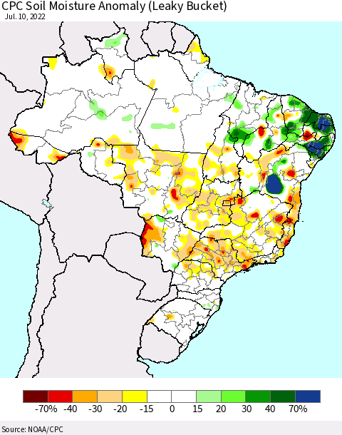 Brazil CPC Soil Moisture Anomaly (Leaky Bucket) Thematic Map For 7/6/2022 - 7/10/2022