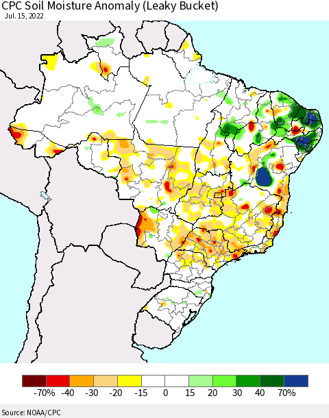 Brazil CPC Soil Moisture Anomaly (Leaky Bucket) Thematic Map For 7/11/2022 - 7/15/2022