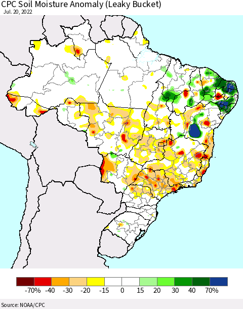 Brazil CPC Soil Moisture Anomaly (Leaky Bucket) Thematic Map For 7/16/2022 - 7/20/2022